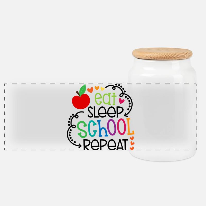 Essen, Schlafen, Schule, wiederholen – Design - Panorama Keksdose mit Holzdeckel - Weiß