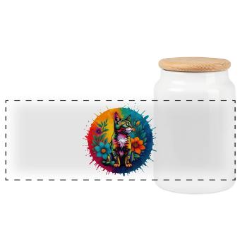 Bunte Deko-Katze mit Blumen - Panorama Keksdose mit Holzdeckel - Weiß - Vorne