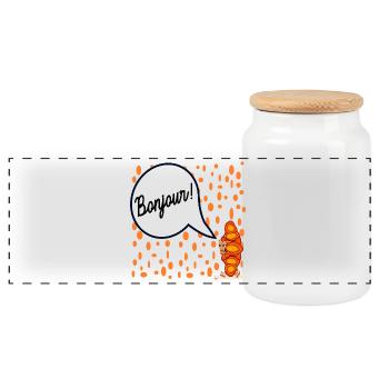 Hello French Croissant France - Panoramic Cookie Jar with Wooden Lid - white - Front