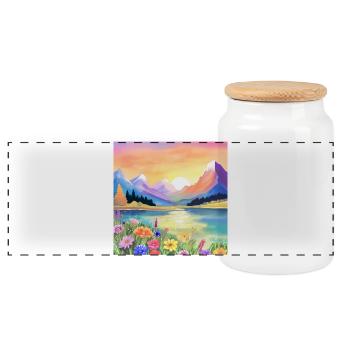 Sunset over the mountains, lake and flowers - Panoramic Cookie Jar with Wooden Lid - white - Front