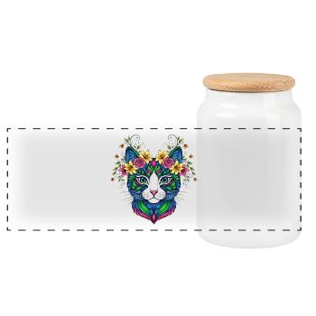 Katze mit Blumen - Panorama Keksdose mit Holzdeckel - Weiß - Vorne