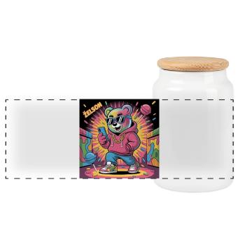 Bunter Bär Rapper Illustration - Panorama Keksdose mit Holzdeckel - Weiß - Vorne