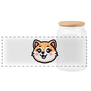 Charming Shiba Inu Cat Design - Panoramic Cookie Jar with Wooden Lid - white - Front