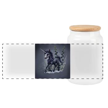 Mystical Unicorn with Flowers in Blue Tones - Panoramic Cookie Jar with Wooden Lid - white - Front