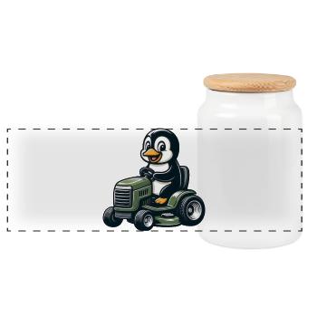 Süßer Pinguin Rasenmäher Gartenbau  - Panorama Keksdose mit Holzdeckel - Weiß - Vorne