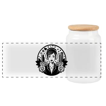 Place de la rue de la ville – Femme, Écouteurs, Rangée de maisons - Boîte à biscuits avec couvercle en bois - blanc - Devant