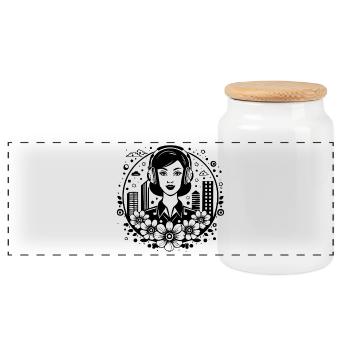 Visage de femme - Femme, Écouteurs, Horizon, Carré - Boîte à biscuits avec couvercle en bois - blanc - Devant