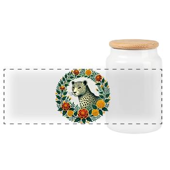 Eleganter Leopard mit Blumenrahmen - Panorama Keksdose mit Holzdeckel - Weiß - Vorne