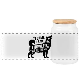 I Came I Saw I Howled Funny Dog  - Panoramic Cookie Jar with Wooden Lid - white - Front