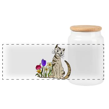 cat - Panoramic Cookie Jar with Wooden Lid - white - Front