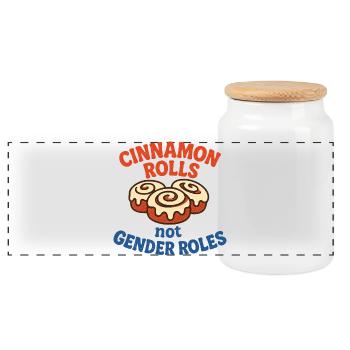 T-shirt « Roulés à la cannelle, pas de genre » - Boîte à biscuits avec couvercle en bois - blanc - Devant