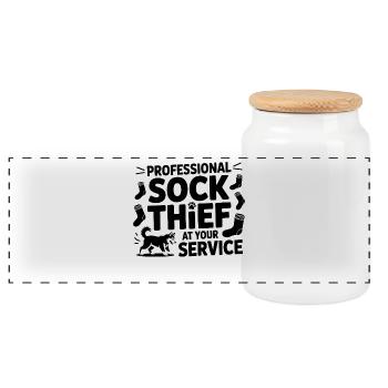 Professional Sock Thief Dog Lover - Panoramic Cookie Jar with Wooden Lid - white - Front