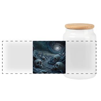 Eerie Skullscape Under Cosmic Swirl - Panoramic Cookie Jar with Wooden Lid - white - Front