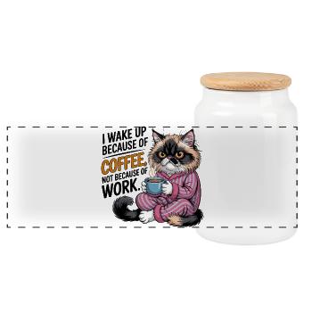 I Wake Up Because Of Coffee Cat - Panoramic Cookie Jar with Wooden Lid - white - Front
