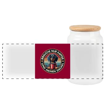 Hunde-Design Dackel mit Kaffeetasse - Panorama Keksdose mit Holzdeckel - Weiß - Vorne