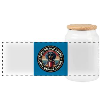 Dog Dachshund with Coffee Cup Retro Design - Panoramic Cookie Jar with Wooden Lid - white - Front