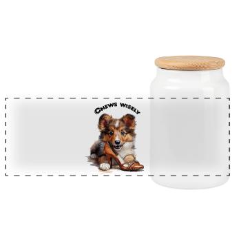 Sheltie Puppy Shoe Thief - Gift Dogs Mom - Panoramic Cookie Jar with Wooden Lid - white - Front