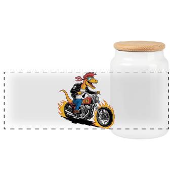 Muscular Dinosaur Punk Rock Raptor Chopper Rider - Panoramic Cookie Jar with Wooden Lid - white - Front