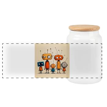 Childish Friendly Robot - Panoramic Cookie Jar with Wooden Lid - white - Front
