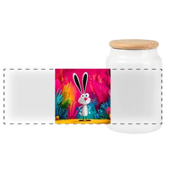 Cartoon Rabbit in Colorful Jungle - Panoramic Cookie Jar with Wooden Lid - white - Front