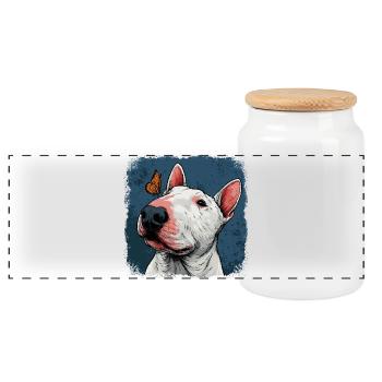 Fröhlicher Bullterrier mit Schmetterling - Panorama Keksdose mit Holzdeckel - Weiß - Vorne