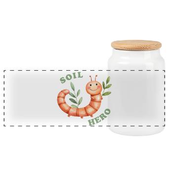 Cheerful eco heroine - Earthworm with Leaves in the Background - Panoramic Cookie Jar with Wooden Lid - white - Front