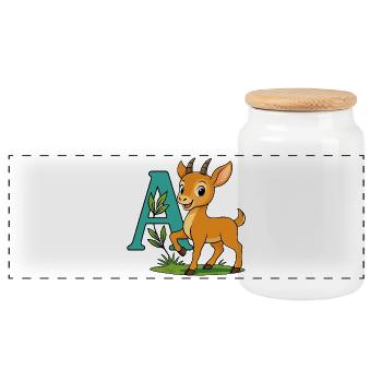 Childish Antelope with its letter A - Panoramic Cookie Jar with Wooden Lid - white - Front
