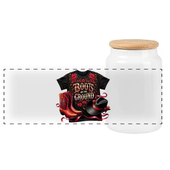 Red Country Hat and Boots - Panoramic Cookie Jar with Wooden Lid - white - Front
