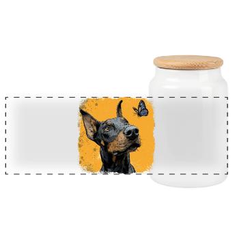 Lustiger Dobermann und Schmetterling auf Orange - Panorama Keksdose mit Holzdeckel - Weiß - Vorne
