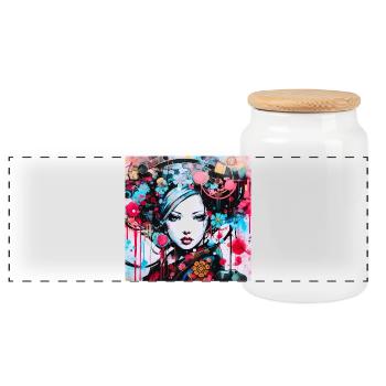 Colorful Urban Woman Portrait - Panoramic Cookie Jar with Wooden Lid - white - Front