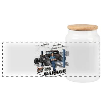 Vintage Auto Werkstatt Design - Panorama Keksdose mit Holzdeckel - Weiß - Vorne