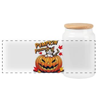Cat Halloween Pumpkin Design - Panoramic Cookie Jar with Wooden Lid - white - Front