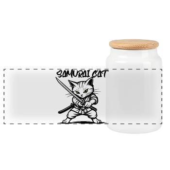 Chat samouraï - Boîte à biscuits avec couvercle en bois - blanc - Devant