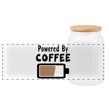 Powered By Coffee - Kaffee Statement Spruch - Panorama Keksdose mit Holzdeckel - Weiß - Vorne