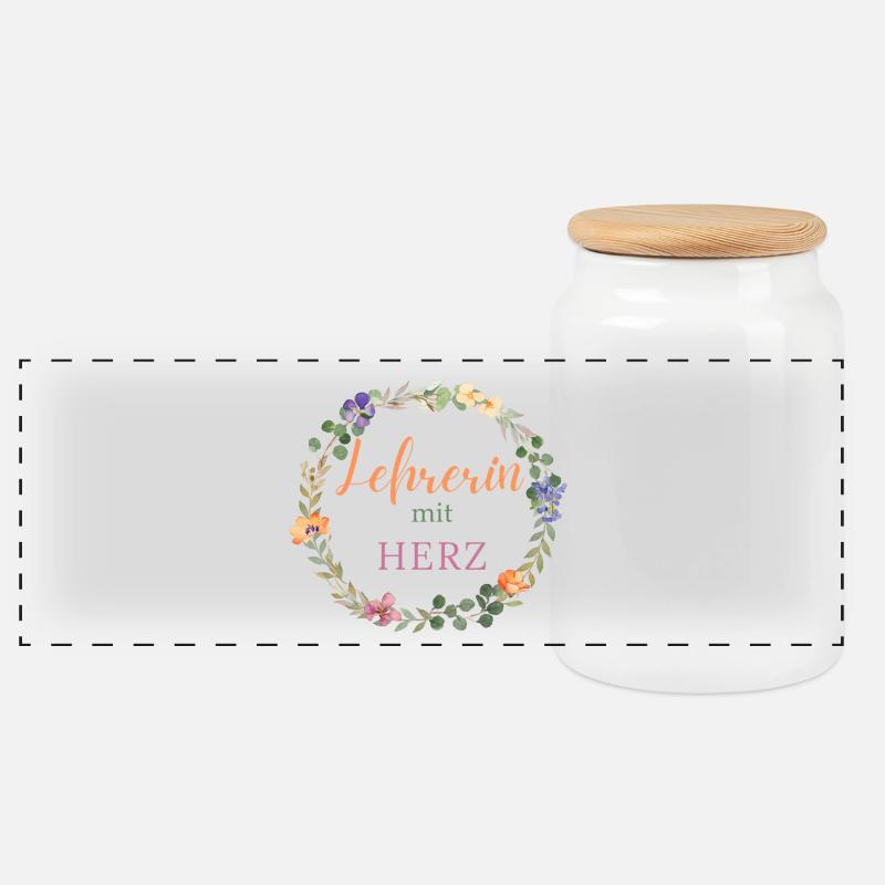 Lehrerin mit Herz -Blumen-Kranz-personalisiert - Panorama Keksdose mit Holzdeckel - Weiß