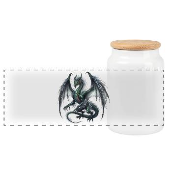 Dragon with shimmering wings and horn - Panoramic Cookie Jar with Wooden Lid - white - Front