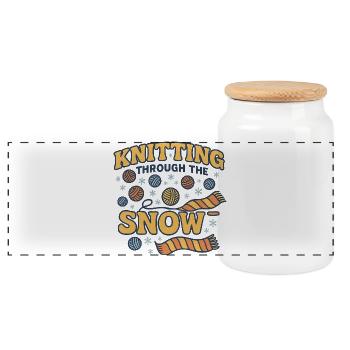 Knitting Through the Snow Winter Design - Panoramic Cookie Jar with Wooden Lid - white - Front