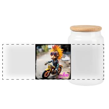 Poupée oiseau-humain avec plume de soleil et moto - Boîte à biscuits avec couvercle en bois - blanc - Devant