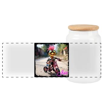 Escapist monster on a bicycle - Panoramic Cookie Jar with Wooden Lid - white - Front