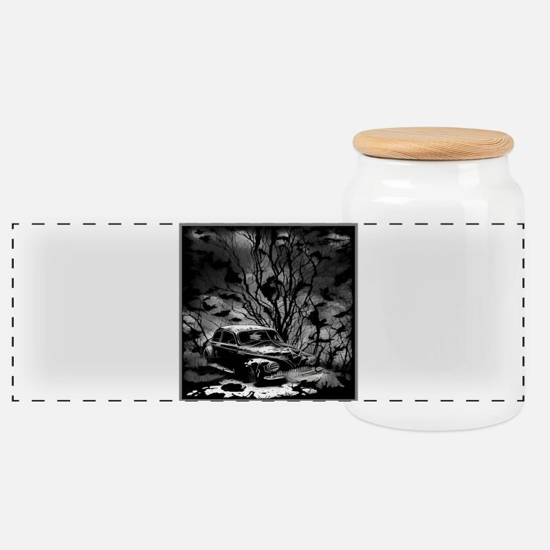 Dunkler Wald Oldtimer Illustration - Panorama Keksdose mit Holzdeckel - Weiß