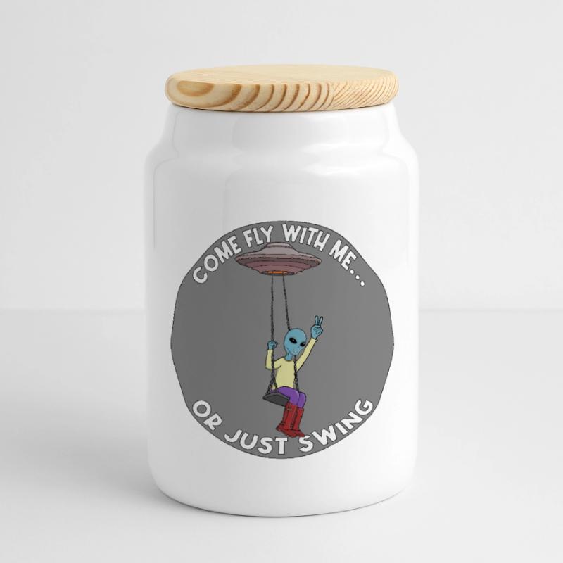 Komm, flieg mit mir oder schwing einfach Alien UFO Panorama Keksdose mit Holzdeckel