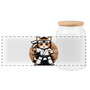 Kawaii Cat Karate Dojo Design - Panoramic Cookie Jar with Wooden Lid - white - Front