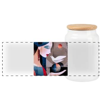 Abstract Portrait with Dove and Colorful Spheres - Panoramic Cookie Jar with Wooden Lid - white - Front