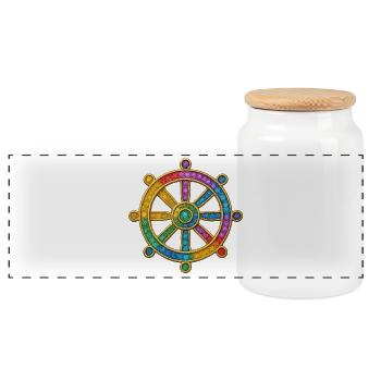 Colorful Steering Wheel Dharma Rad_ Buddhism - Panoramic Cookie Jar with Wooden Lid - white - Front