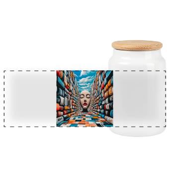 Mysterious Face in Colorful Library - Panoramic Cookie Jar with Wooden Lid - white - Front