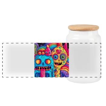 Colorful psychedelic fantasy creatures - Panoramic Cookie Jar with Wooden Lid - white - Front