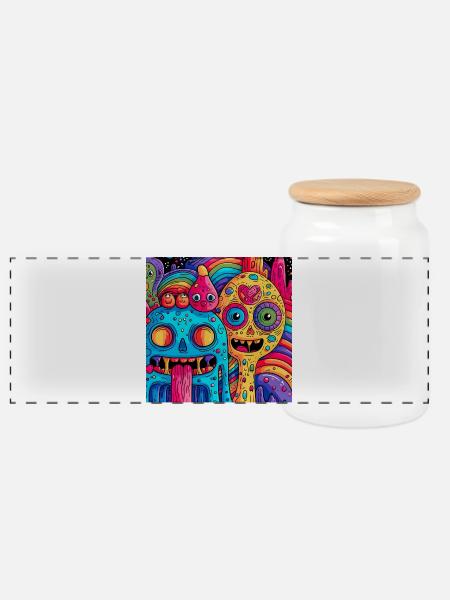 Bunte psychedelische Fantasiewesen - Panorama Keksdose mit Holzdeckel - Weiß