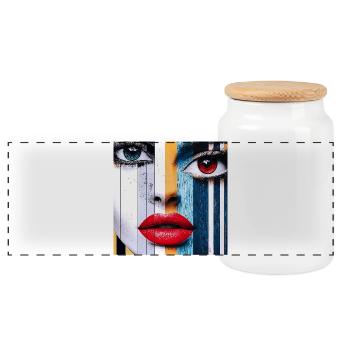 Colorful and Expressive Portrait - Panoramic Cookie Jar with Wooden Lid - white - Front