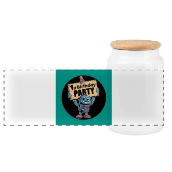 Motif de célébration du 1er anniversaire robotique - Boîte à biscuits avec couvercle en bois - blanc - Devant