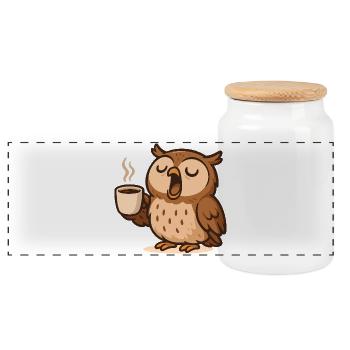 Coffee Drinking Owl Illustration - Panoramic Cookie Jar with Wooden Lid - white - Front